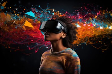 Fototapeta premium Tech Wonderland: Vibrant Virtual Experience Unfolding for a Man with VR Glasses
