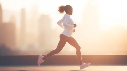Fototapeta premium Empowered City Runner: A Silhouette of Determination at Dawn