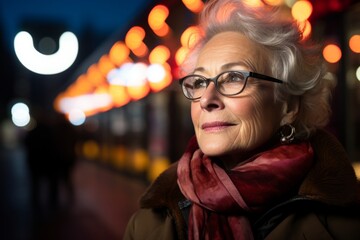 Portrait of a beautiful senior woman with glasses and a scarf.