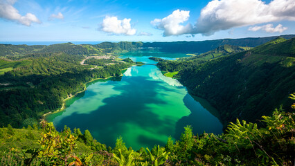 The Miradouro do da Vista do Re overlooking the two lakes Lagoa Verde and Lagoa Azul on the Portuguese island of São Miguel in the Azores