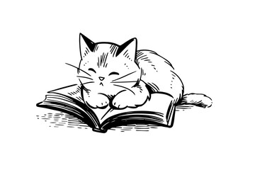 Fototapeta premium Cat read a book hand drawn ink sketch. Engraved vector illustration