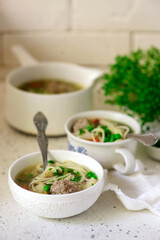 Meetball vegetables soup. style hugge