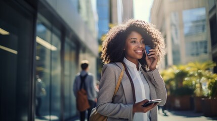 Office girl of African descent Or executives are standing and walking on the street using their phones to make transactions, for example. fintech in a business district with tall buildings