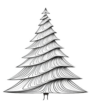 Continuous one line drawing of Christmas tree isolated on transparent white background. Black and white Christmas fashionable abstract minimalism