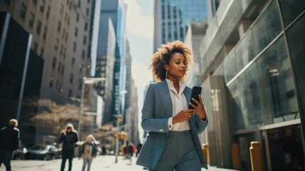 Office girl of African descent Or executives are standing and walking on the street using their phones to make transactions, for example. fintech in a business district with tall buildings