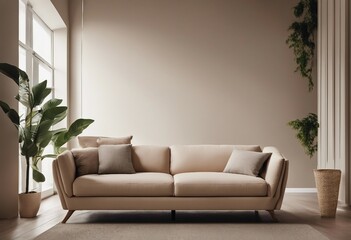 Beige sofa against grid window near stucco wall Boho minimalist home interior design of modern living room