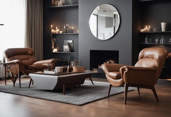 Brown leather chairs and grey sofa in room with fireplace Mid-century style home interior design