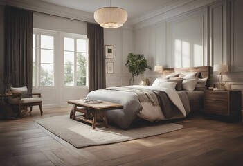 Farmhouse interior design of modern bedroom with hardwood floor