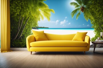 Einrichtungsidee veranschaulicht die Wirkung von Fototapeten. Ein modernes gelbes Sofa steht vor einer Tapete, auf der eine tropische Insel abgebildet ist.