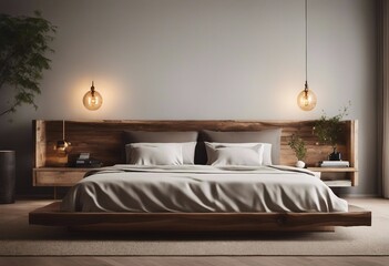 Natural log lampshade near bed Rustic interior design of modern bedroom