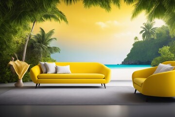 Einrichtungsidee veranschaulicht die Wirkung von Fototapeten. Ein modernes gelbes Sofa steht vor...