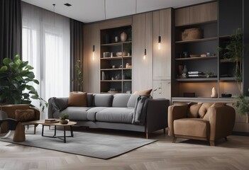 Studio apartment with grey sofa against window and wooden cabinet Interior design of modern living room