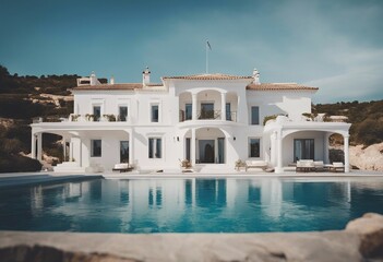 Traditional Mediterranean white house with pool on hill with stunning sea view Summer vacation background