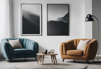 Two armchairs in room with white wall and big frame poster on it Scandinavian style interior design