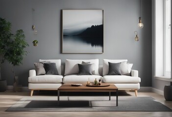 A wooden square coffee table near the white sofa in the room with grey wall with art poster Minimalist elegant