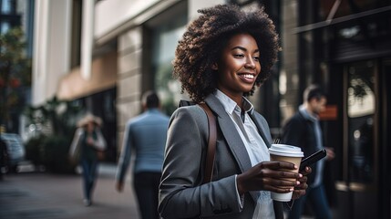Office girl of African descent Or executives are standing and walking on the street using their phones to make transactions, for example. fintech in a business district with tall buildings - obrazy, fototapety, plakaty