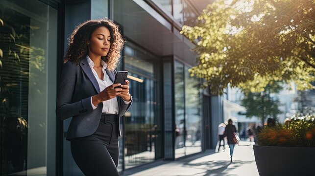 Office girl of African descent Or executives are standing and walking on the street using their phones to make transactions, for example. fintech in a business district with tall buildings
