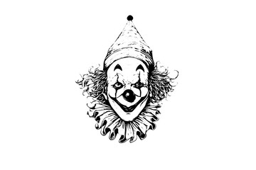 Creepy clown head hand drawn ink sketch. Engraved style vector illustration