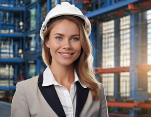 Woman engineer worker with blueprint on the construction site, Woman engineer in front of office building