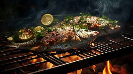 Fish on the grill. Grilling tasty fish with herbs and lemon. Recipe. Seafood