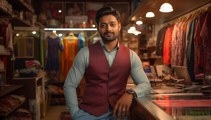 Fototapeta premium young Indian boutique owner posing with shop in the background