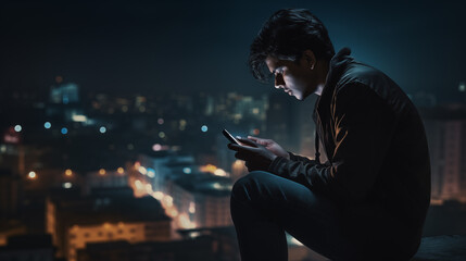 young Indian boy using smartphone privately at night outdoors