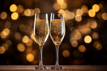 Elegant scene of two champagne flutes on a table, bathed in lights, creating a romantic and celebratory atmosphere. - obrazy, fototapety, plakaty