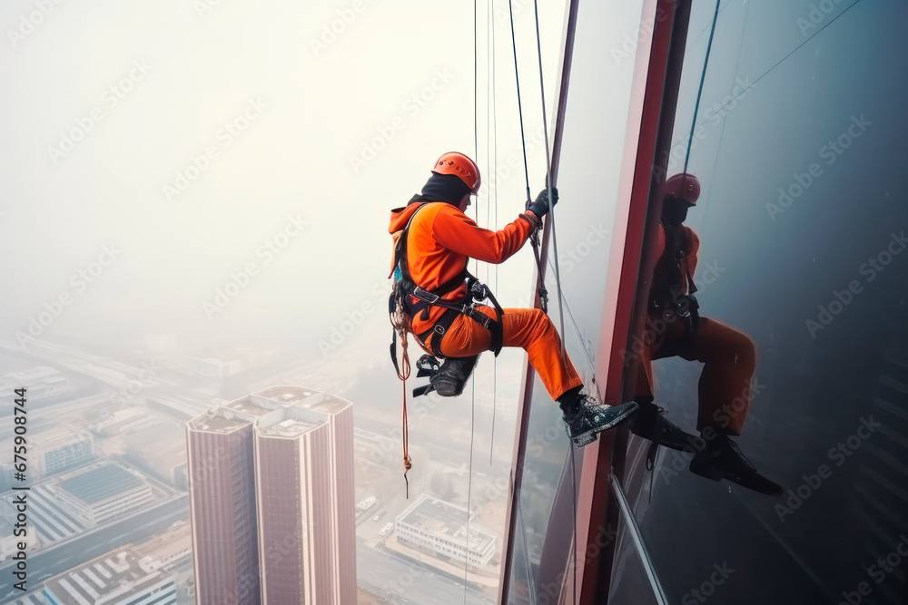 Wall mural High-altitude climber. The profession of working at height. An industrial climber works on a skyscraper is attached by insurance for safety. Ai.