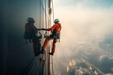 High-altitude climber. The profession of working at height. An industrial climber works on a skyscraper is attached by insurance for safety.  - obrazy, fototapety, plakaty