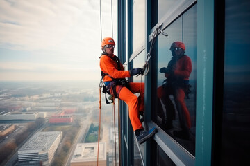 High-altitude climber. The profession of working at height. An industrial climber works on a skyscraper is attached by insurance for safety. Ai.