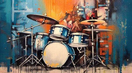 Obraz na płótnie Canvas Generative AI, Jazz music street art with drums musical instrument silhouette. Ink colorful graffiti art on a textured wall, canvas background. 