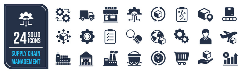 Supply chain management SCM solid icons collection. Containing distribution, delivery, export, freight etc icons. For website marketing design, logo, app, template, ui, etc. Vector illustration.