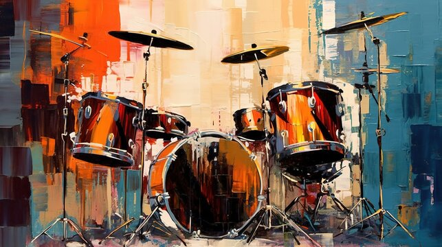Generative AI, Jazz music street art with drums musical instrument silhouette. Ink colorful graffiti art on a textured wall, canvas background.	
