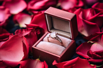 Engagement Ring Amidst Rose Petals