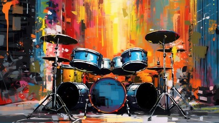 Generative AI, Jazz music street art with drums musical instrument silhouette. Ink colorful graffiti art on a textured wall, canvas background.	
