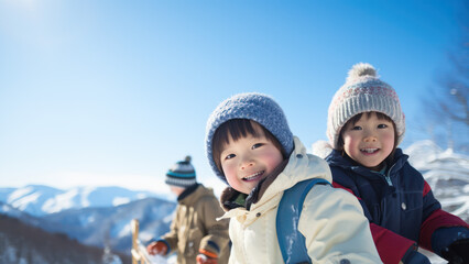 Fototapeta na wymiar Winter vacation. Smiling children, generative AI