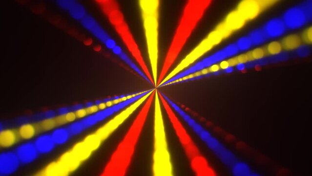 bunt leuchtende animierte LED Lichter, rot, blau, gelb, Disco, Party, Feier, Beleuchtung, bewegung, Musik, bunt, Hintergrund, dynamisch, Perspektive, schwarz