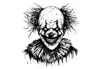 Creepy clown head hand drawn ink sketch. Engraved style vector illustration