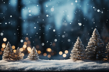 Beautiful winter background image of frosted spruce branches and small drifts of pure snow with bokeh Christmas lights and space for text. - obrazy, fototapety, plakaty