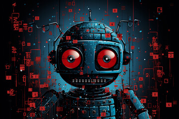 Blue robot with curious eyes in a red data haze