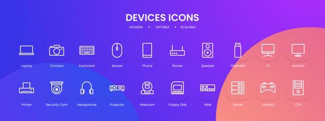Devices icon collection with black outline style. web, sign, collection, device, symbol, mobile, technology. Vector Illustration
