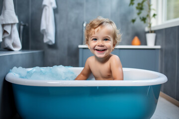 The portrait of a happy baby takes a soap bath in a comfy bathroom. Adorable toddler in a tub. Generative AI.
