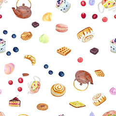 Watercolor teapots and desserts pattern isolated on white background