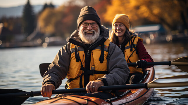 Happy active elderly couple is engaged in canoeing on lake in autumn morning