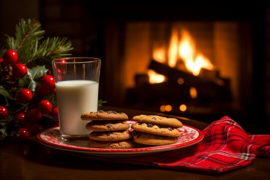 The traditional offering of milk and cookies for Santa Claus placed by the warm fireplace on Christmas Eve