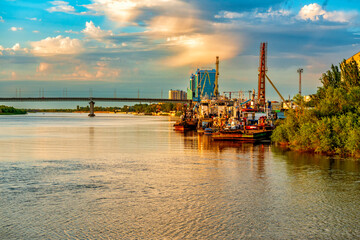 Volga in Astrakhan central cargo port - obrazy, fototapety, plakaty