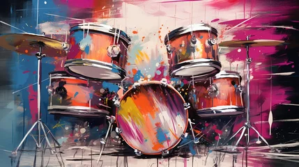 Fotobehang Generative AI, Jazz music street art with drums musical instrument silhouette. Ink colorful graffiti art on a textured wall, canvas background... © DELstudio