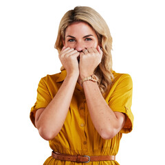 Portrait, woman and shy with fist on face in studio isolated on a png transparent background....