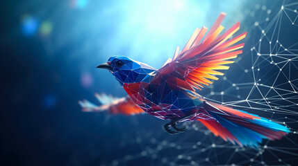 Obraz na płótnie Canvas Low poly colorful bird flying in virtual space
