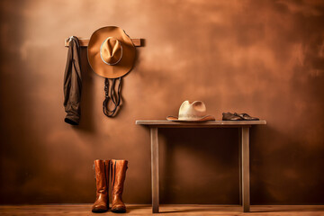 Western cowboy hat and boots against a wooden wall in a bunkhouse / changing room